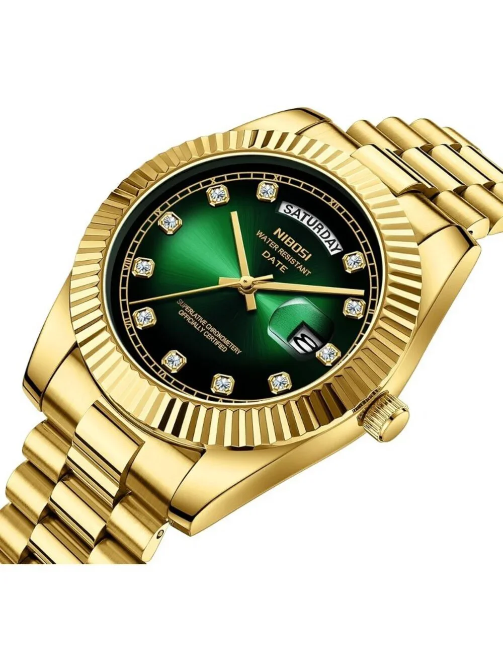 Nibosi Men's Gold Analog Quartz Stainless Green Face Waterproof Desiger Watch